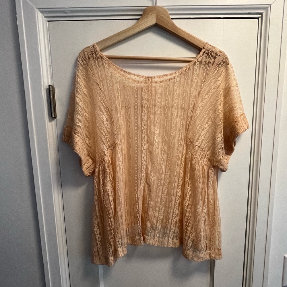 Free People Peach Tea Lace Sheer Oversized Split Back Top - Picture 2 of 5